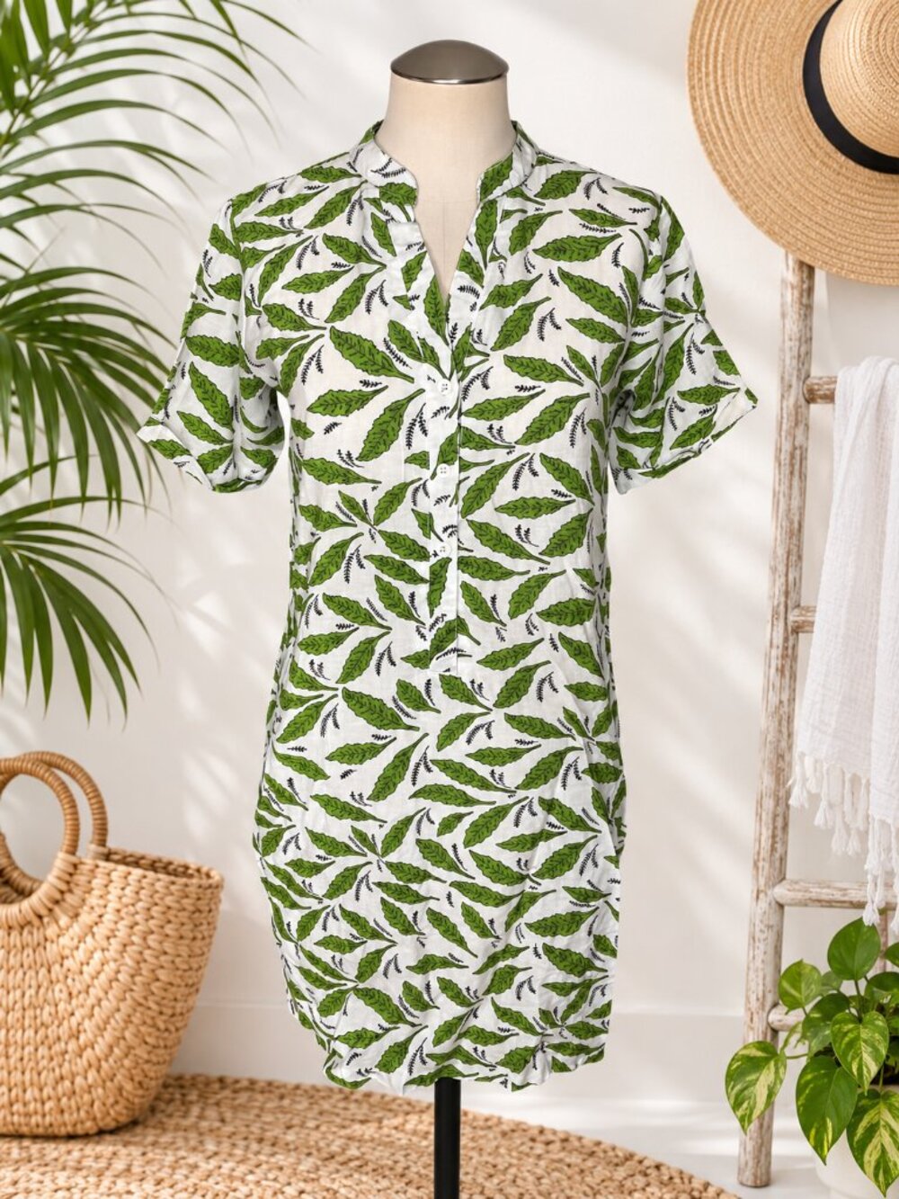 Coco Cabaña Green Leaf Print Button Front Shirt Dress Tunic Medium